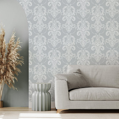 Valda Slate Embroidered Damask Wallpaper