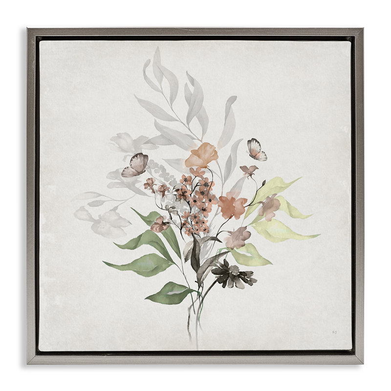 "Soft Florals & Butterfly", art mural encadré par Susan Jill, H 25 po x l 25 po, Cadre flottant gris lustré