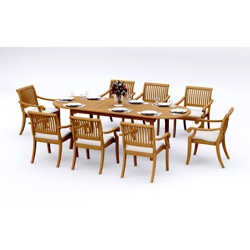 8 Seats 9 Pcs Grade-A Teak Wood Dining Set: 94" Double Extension Oval Table And 8 Arbor Stacking Arm Chairs #11AB2208, 8