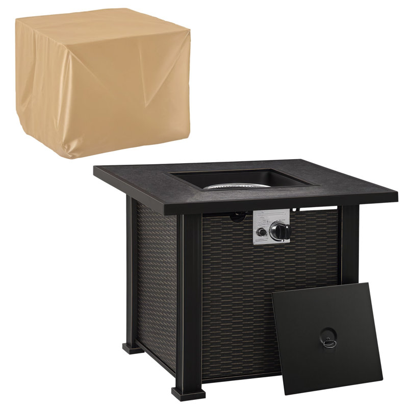 30 inch Square Propane Fire Pit Table Outdoor Firepit with Ceramic Tile Top and Black Wicker Base