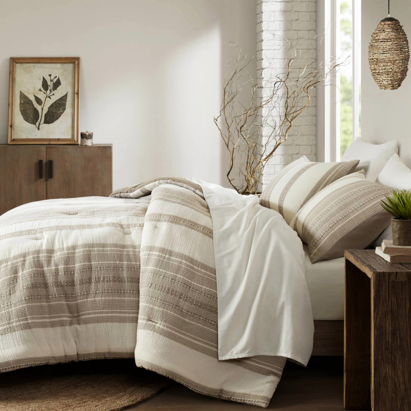 Édredon pour grand lit 3 pièces - Design élégant, aspect texturé mixte, confort en coton naturel, couverture surdimensionnée, devant gaufré rayé toutes saisons, dos uni, pour plus de chaleur, standard