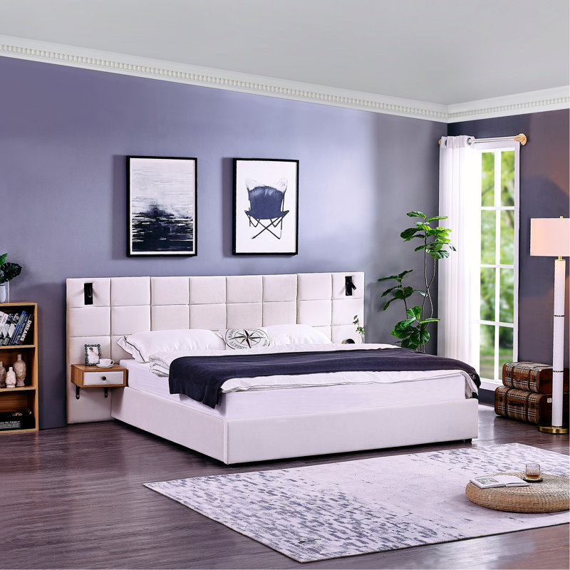 Très grand lit plateforme tapissier hydraulique en velours avec 2 tablettes, 2 lampes de lecture et port USB, beige, Beige