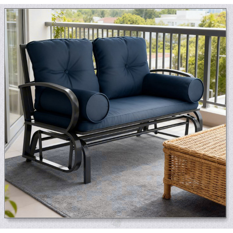 Balancelle double pour patio avec structure en acier, coussins et accoudoirs coussinés pour une assise extérieure confortable