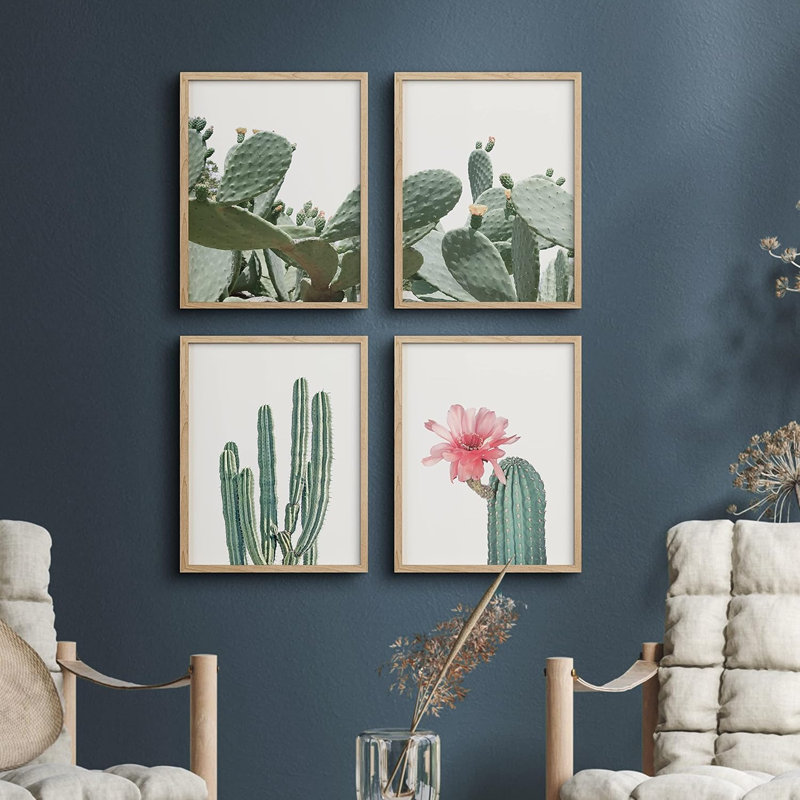 Blooming Flower Desert Cactus, ensemble de 4 décorations murales encadrées 4 pièces, H 10 po x l 8 po x P 1 po, Naturel