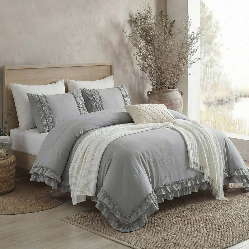 Ensemble de literie à housse de couette à volants et à volants, Housse de couette grand + 2 taies d'oreiller, Gris
