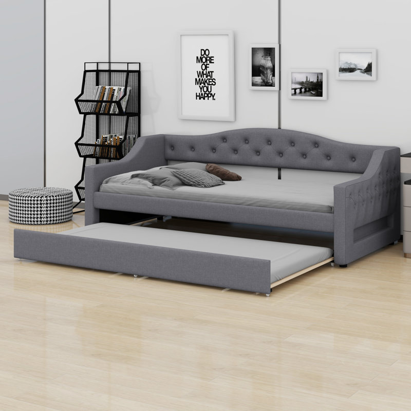 Upholstered Daybed With LED Belt And Trundle, Gray