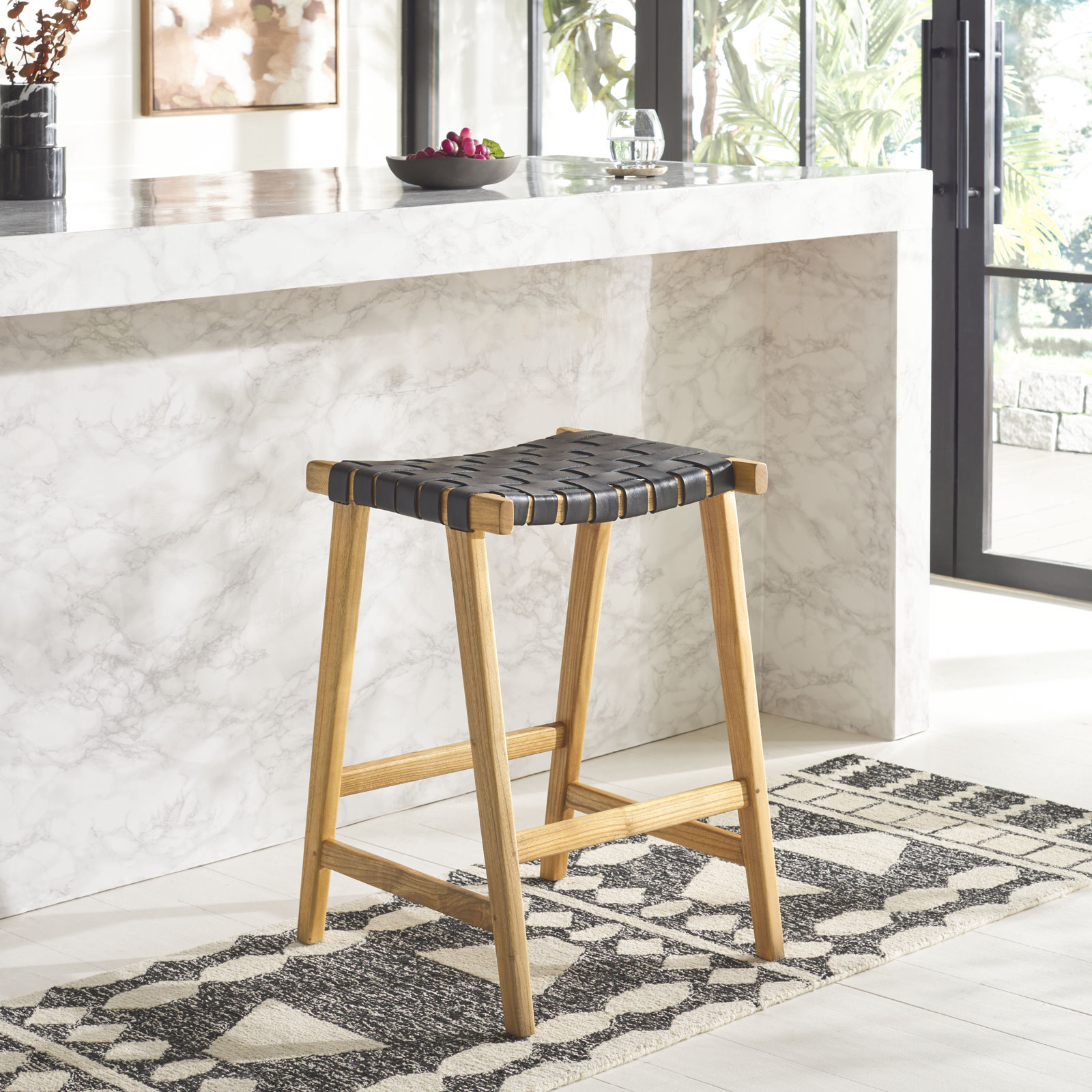 Alston Counter Stool with Solid Wood Frame, Natural, Counter Stool (26.77” Seat Height), Black