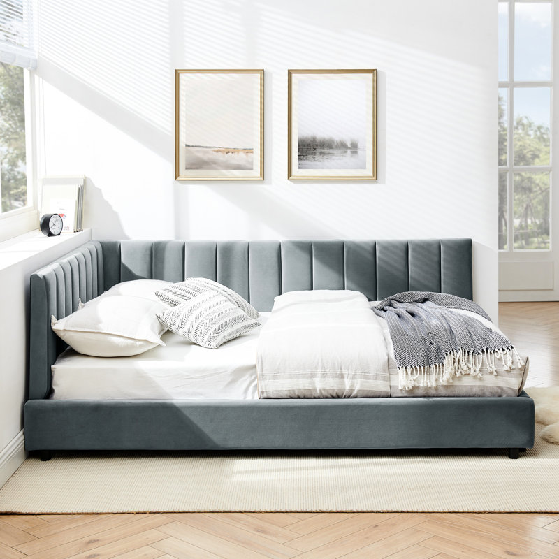 And Bed Frame, Full Size With Gray Velvet Upholstery Cozy / Comfortable Upholstered In, Gray