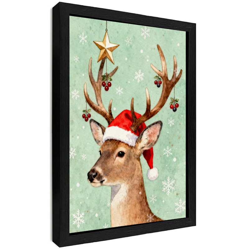 Renne de Noël rétro encadré noir portant un chapeau de père Noël, impression d'art de style rétro, H 11 po x l 9 po