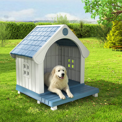 37.72"H Blue Weather-Resistant and Waterproof Resin Dog House With Porch