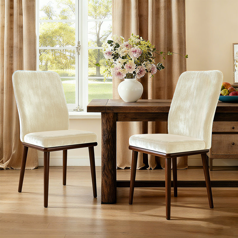 Upholstered Dining Chair with Metal Back and Solid Wood Legs, Beige
