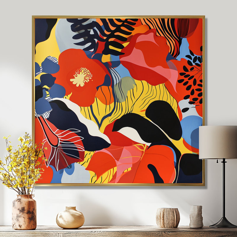 Fleurs de coquelicot rétro - Art mural coquelicot, H 36 po x l 36 po, Cadre flottant doré, bois massif