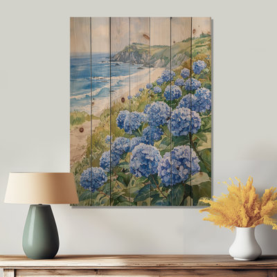 Hydrangeas In A Seaside Garden II - Hydrangea Wood Wall Art - On Natural Pine Wood