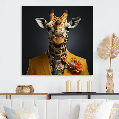 Yellow And Black Suited Up Fashion Giraffe  - Giraffe Animal Metal Wall Art