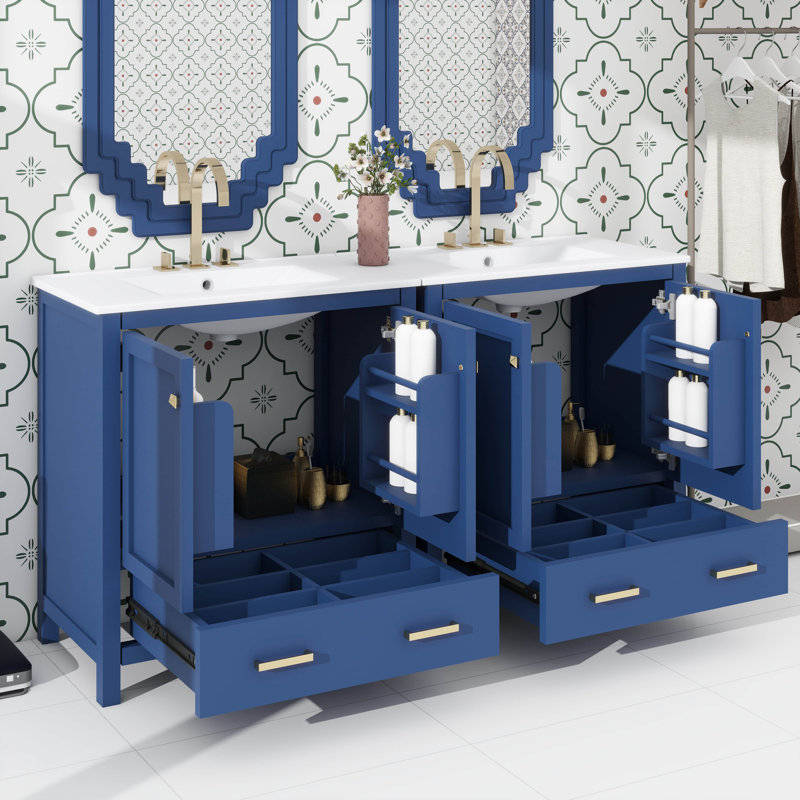 Ensemble de meuble-lavabo double 60 po avec lavabo double 60 po, meuble-lavabo moderne en bois avec lavabo double, tiroirs et portes (miroir non inclus)