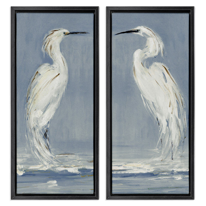 «White Herons with Ocean Wave», ensemble de 2 toiles flottantes encadrées, design par Sally Swatland, H 25 po x l 11 po