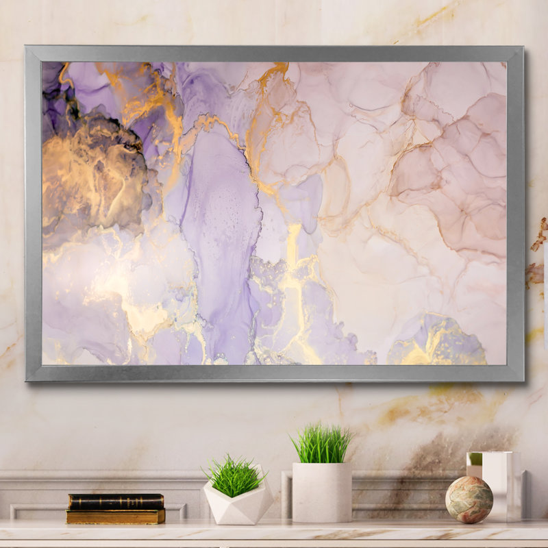 Luxe marbré doré et mauve, reproduction d'art sur toile flottante, Cadre photo argenté, H 12 po x l 20 po x P 1 po