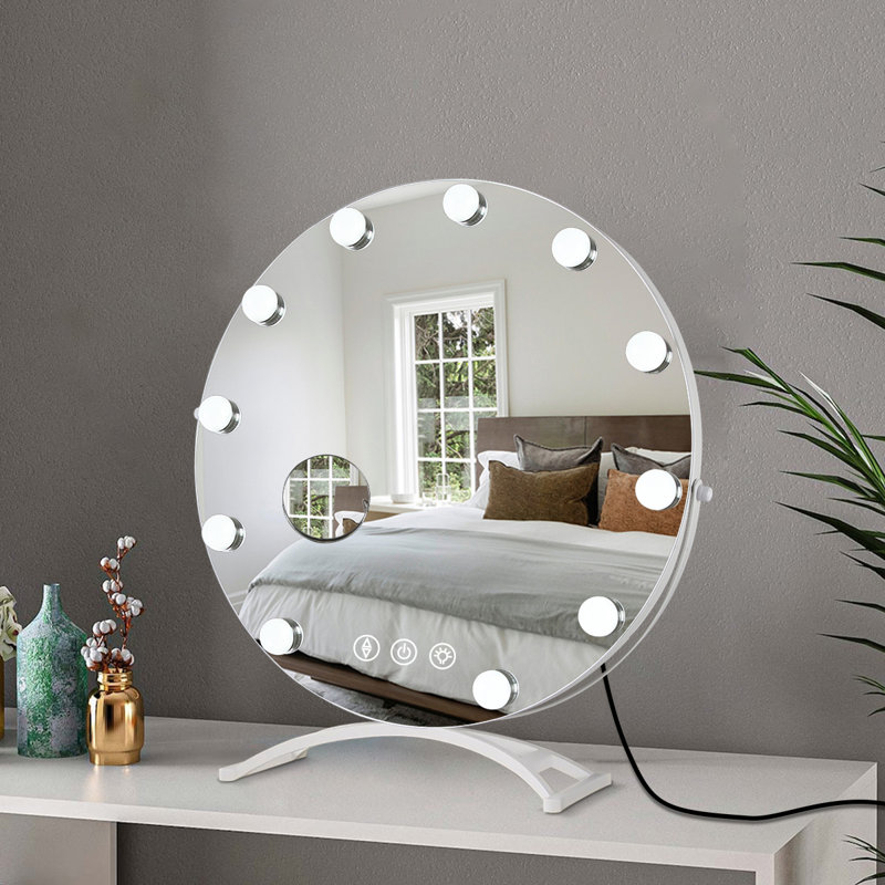 Grand et lumineux miroir en métal à DEL avec miroir pivotant pour table à intensité variable avec 11 ampoules et grossissement 3 fois