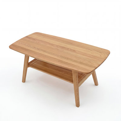 Table basse de 39,3 po de style Mid-Century moderne avec tablette de rangement, conception à 2 niveaux, coins arrondis, finition naturelle