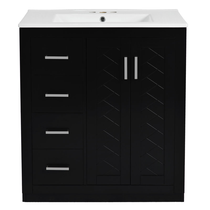 Meuble-lavabo de salle de bain 30 po avec lavabo en céramique massif et armoire 3 tiroirs, Noir, Argent