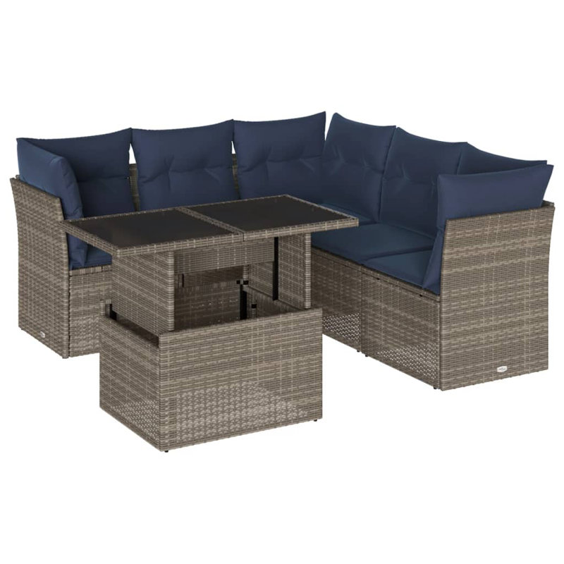  Ensemble de canapé de patio 6 pièces avec coussins en rotin de polyester brun, Gris, Marine