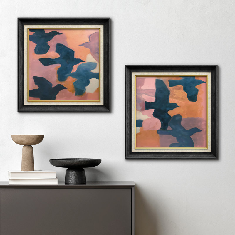 «Blue Bird Silhouettes» sur fond rose et orange, ensemble de 2 reproductions d'art encadrées en papier, Cadre de galerie noir