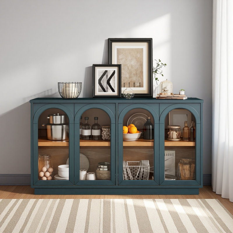 Grande armoire de rangement à 4 portes avec portes en verre, armoire arquée avec tablettes réglables pour la cuisine, Marine