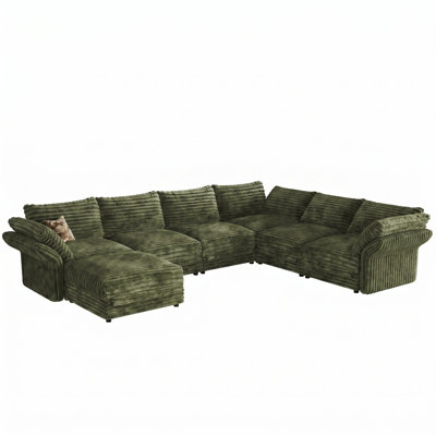 7-Seat Oversized Extra-Deep Corduroy Modular Corner Sectional，Colossal Detachable​ Modular Cloud Couch, Certified Corduroy Fabric with Storage & Adjustable Backs Green