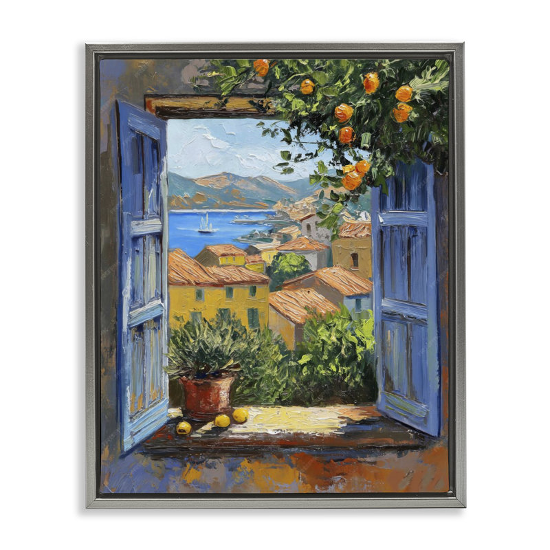  Art mural méditerranéen à vue sur fenêtre par LSR Design Studio, Cadre flottant gris lustré, H 21 po x l 17 po