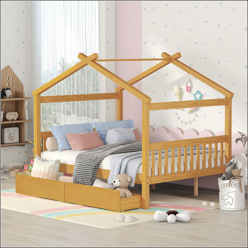 Lit double en bois avec tiroirs, Double, Naturel