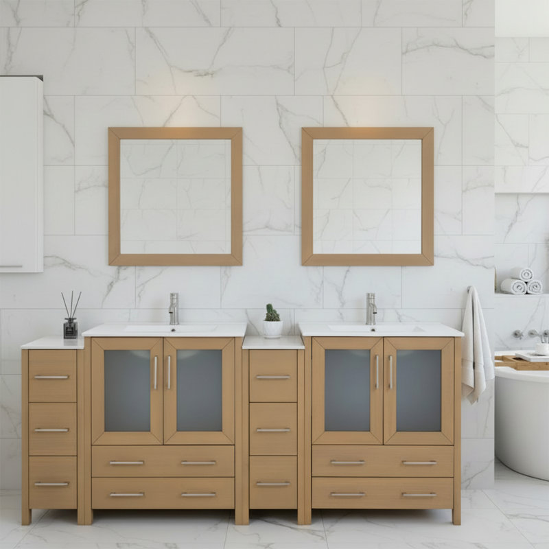  Ensemble de meuble-lavabo double 84 "avec miroir 84", Chêne naturel