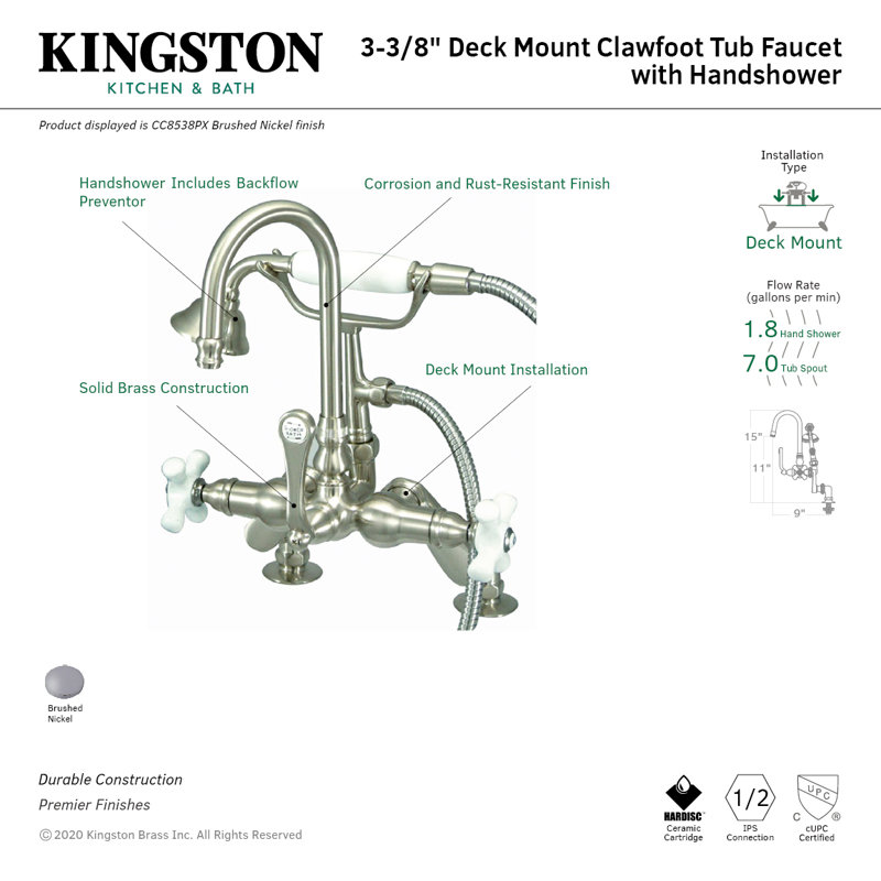 Kingston Brass Three-Handle 2-Hole Deck Mount Clawfoot Tub Faucet with Hand Shower