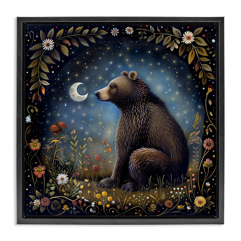 «Woodland Bear Night Forest», art mural encadré sur toile flottante par The Dutch Lady, Cadre flottant noir de jais