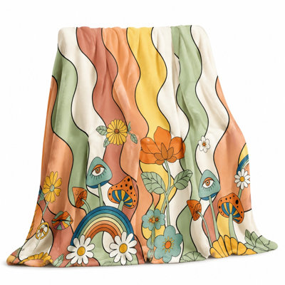 Retro Mushroom Flower Rainbow Throw Blanket, Groovy Wavy Abstract Design Plush Bed Blanket for Sofa Couch Bedroom Living Room Cozy Home Decor