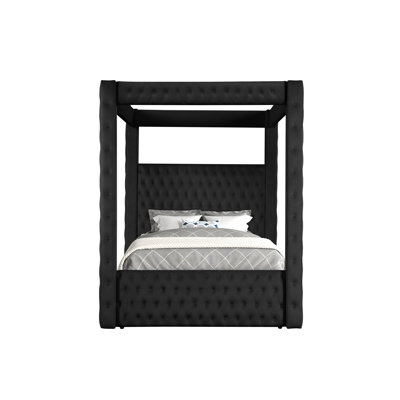 1pc Beautiful Black Canopy King Bed Luxury Rich Velvet Fully Upholstery Fabric Button Tufted