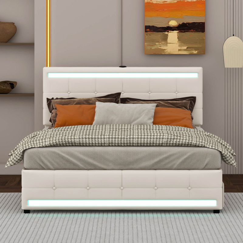 Lit avec panneau de rangement Roylan, Double, Beige