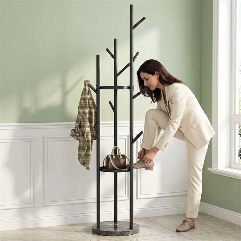 Steel Freestanding 9-Hook Coat Rack, Black, Black