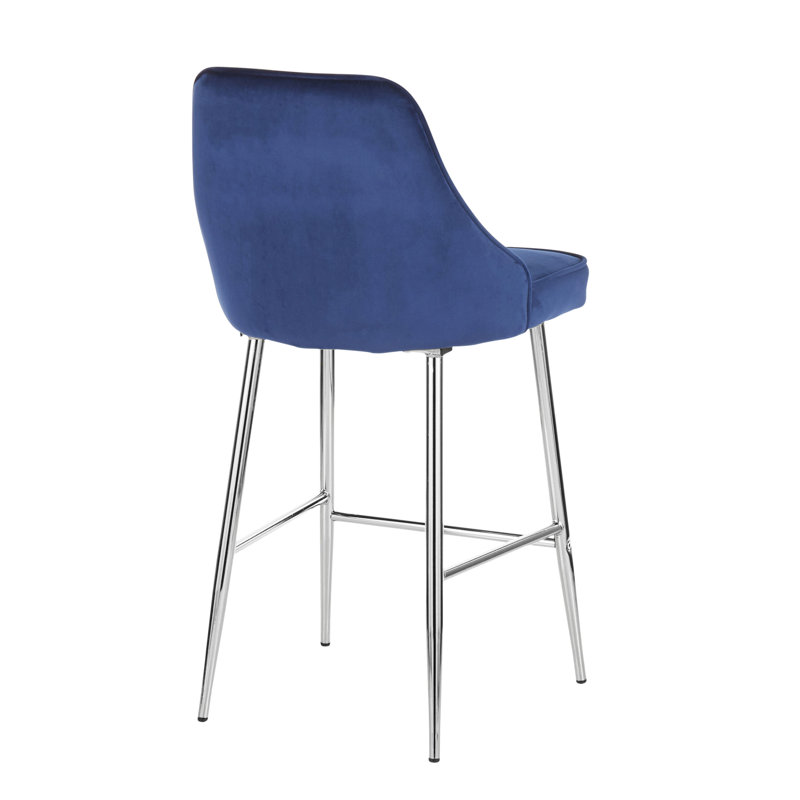 Navy Blue Velvet and Chrome Modern Counter Stools, Set of 2