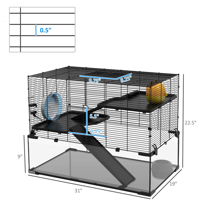 Cage à hamster Pawhut, cage à gerbille de 31 po avec bassin en verre, rampes, plateformes, cabane, roue d'exercice, pour petits hamsters, noir