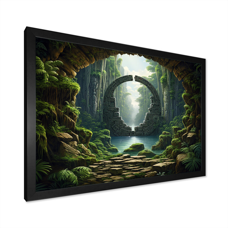 «Green Jungle Tribal» - art mural surréalisme, Cadre d'angle fermé noir, H 16 po x l 32 po x P 1 po