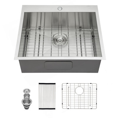 Évier de cuisine 25 po x 22 po x 12 po en acier inoxydable à cuve simple à cuve profonde de calibre 16