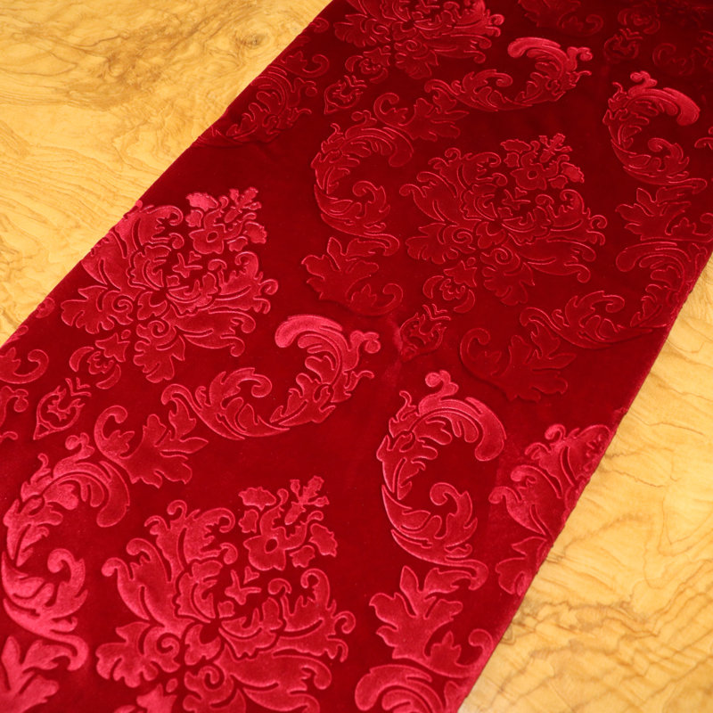 Velvet Damask Table Runner, 90" x 12", Red