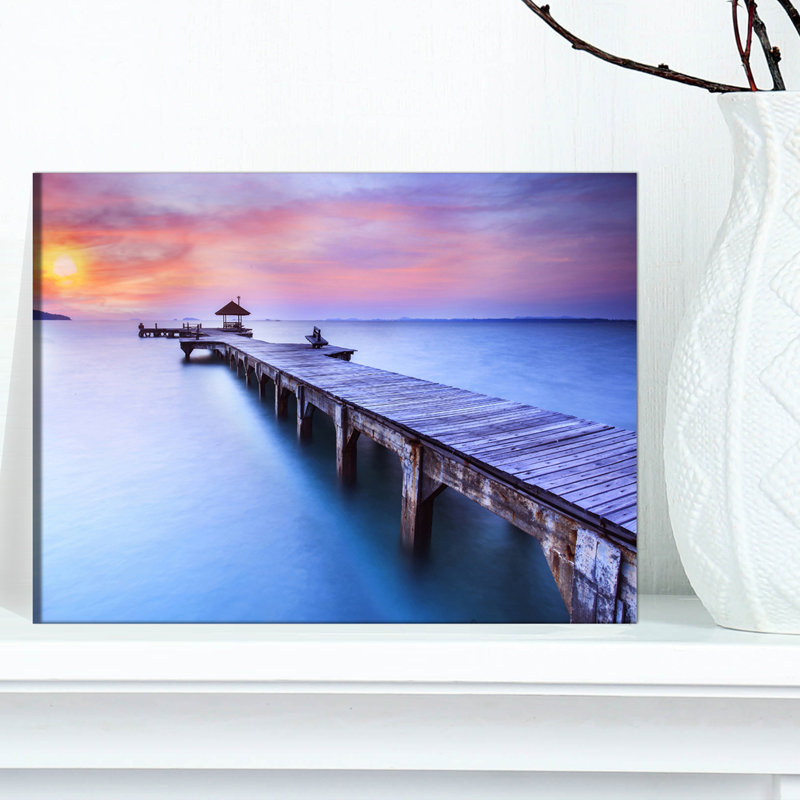 Wooden Bridge Seascape - Reproduction de photo sur toile tendue, H 20 po x l 40 po x P 1po, Toile tendue