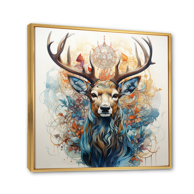 «Deer Abstracted Antler - Deer», reproduction d'art sur toile encadrée, Cadre flottant doré, H 30 po x l 30 po x P 1 po