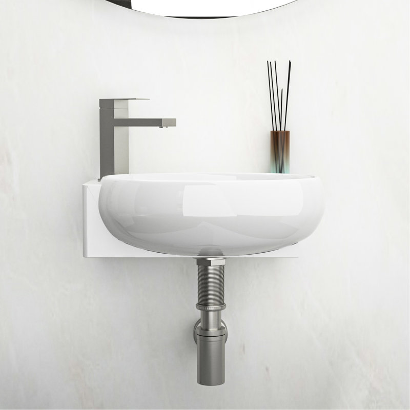 Lavabo de salle de bain mural rectangulaire en céramique blanche 16 x 11 pouces, trou de robinet simple, faible absorption d'eau, teinture, surface lisse acide, look d'installation moderne