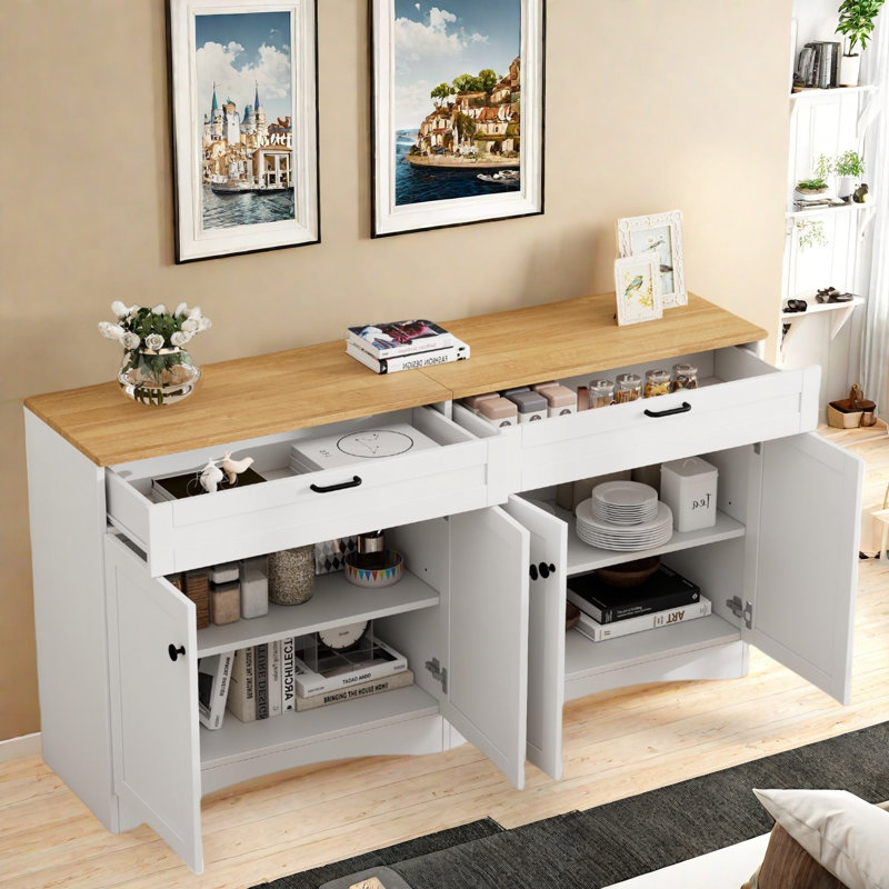 Farmhouse Sideboard With Adjustable Shelves And Rustic Handles, White