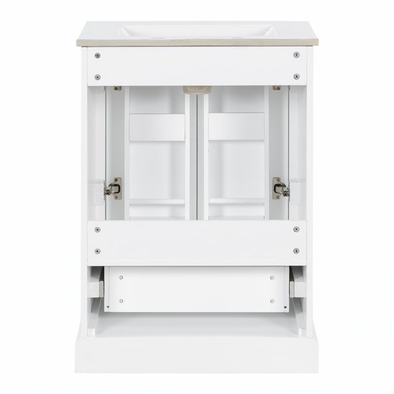 Meuble-lavabo moderne de 24 pouces avec lavabo en céramique et rangement double couche, facile à nettoyer et à installer