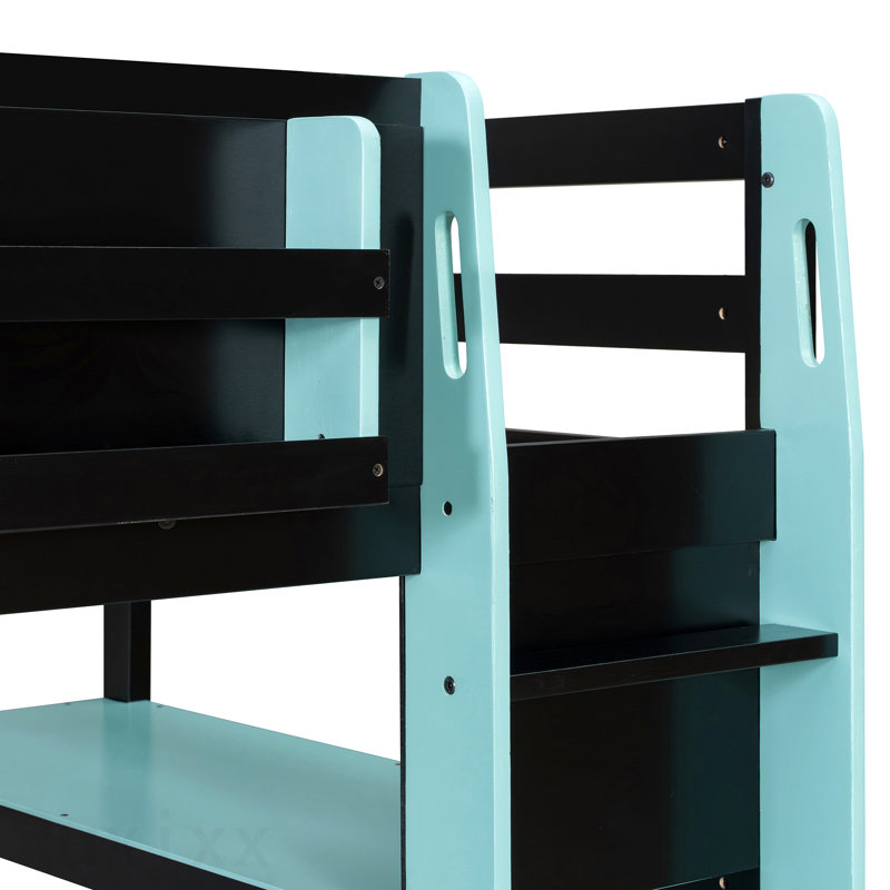 Lit mezzanine simple en bois avec bureau, étagère de rangement latérale, tablettes multiples et lumière RVB, bleu nuage, Blue