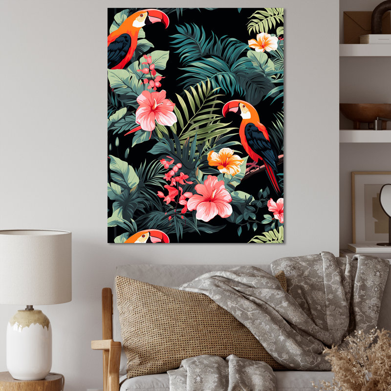 Perroquets roses et plantes tropicales I - art mural perroquet, Toile tendue, 20" H x 12" W