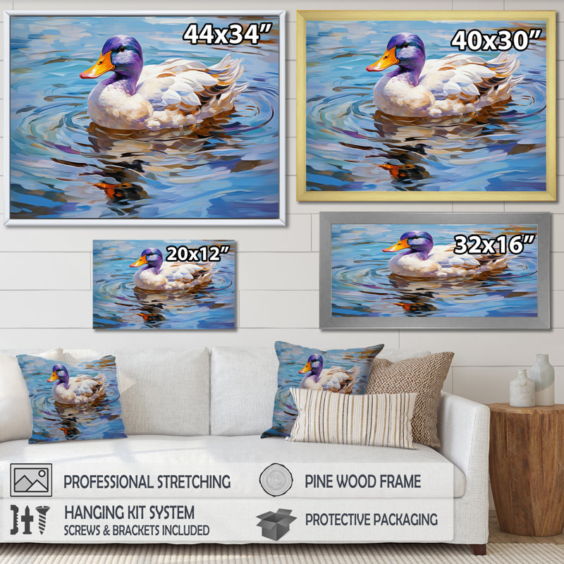 «Duck At The Pond II», art mural canard, Cadre de coin fermé argenté, H 24 po x l 32 po x P 1 po